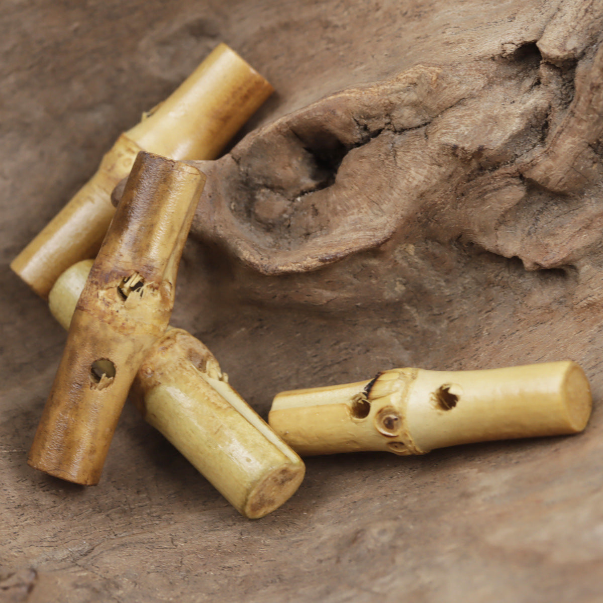 Bamboo knot toggle buttons, mixed light and darker irregular ends with round hole openings