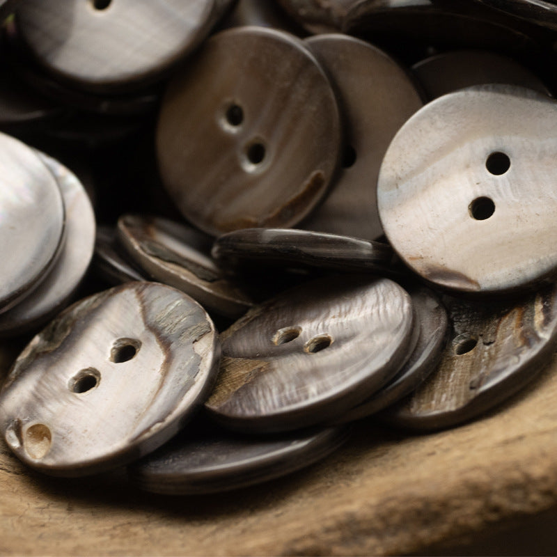 Bulk 2-hole flat shell buttons, gray and dark brown with light neutrals, round