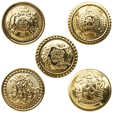 Gold metal shank buttons set, front view with crown, shield, wheat, flag, and note emblems