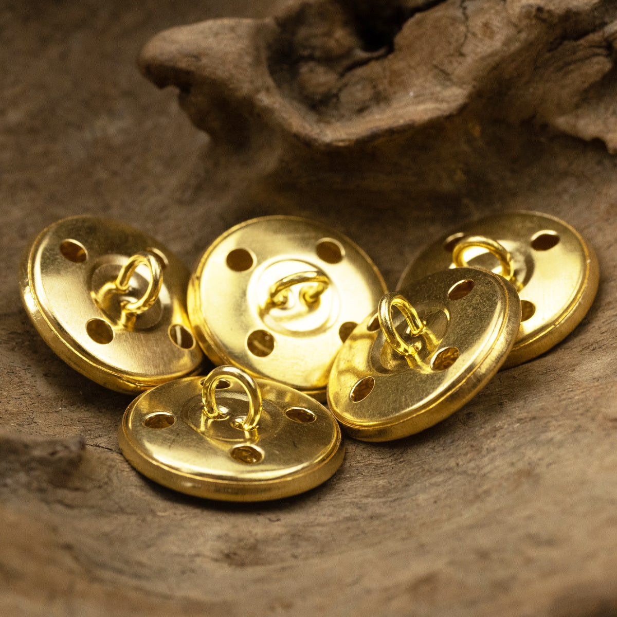 Gold metal shank button pair with 4-hole back, round face with emblem