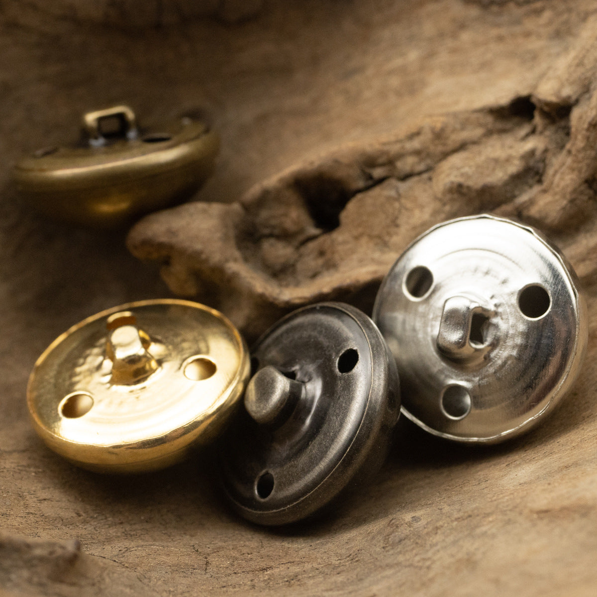 Mushroom shank button backs, metal discs with shank post and fastening holes