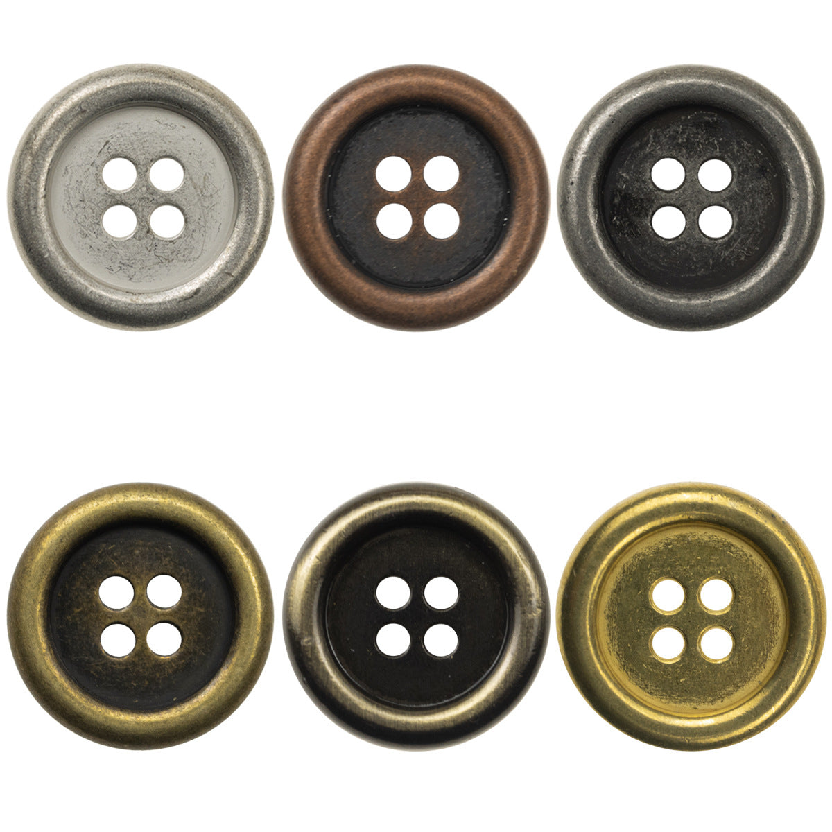 Round 4-hole metal buttons, dark silver and bronze tones, 10 pcs set