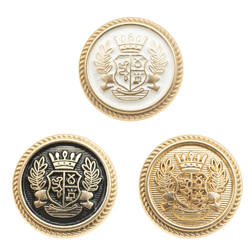 Metal shank suit buttons, wheat crown crest design, white gold, black, and gold finishes (set)