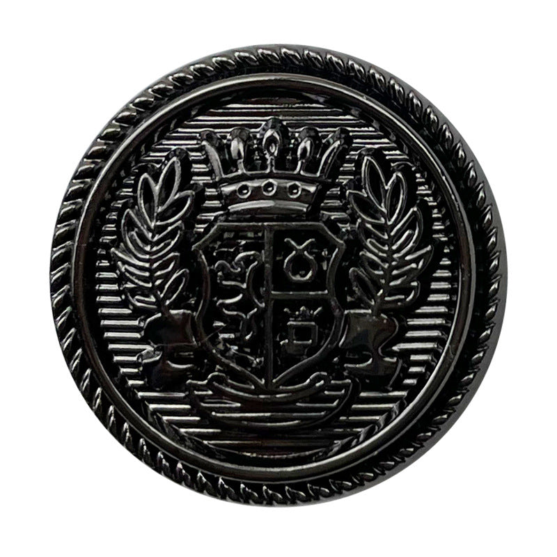 Black metal shank suit button with crown and wheat crest in gold-tone relief