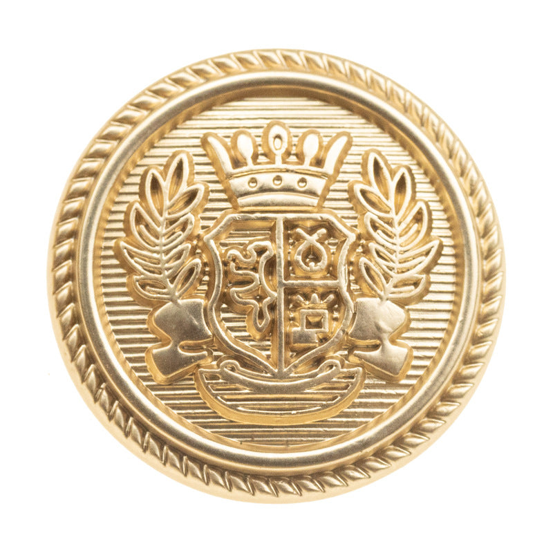 Gold metal shank suit button with wheat-and-crown crest embossed in relief