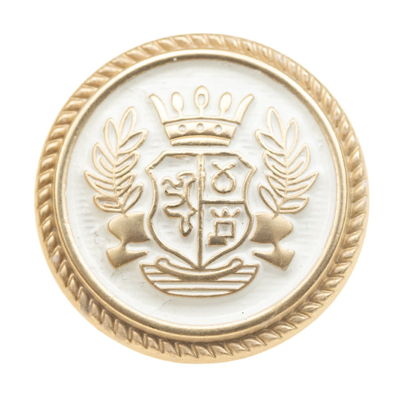White gold metal shank suit button with crown and wheat crest in gold-tone relief