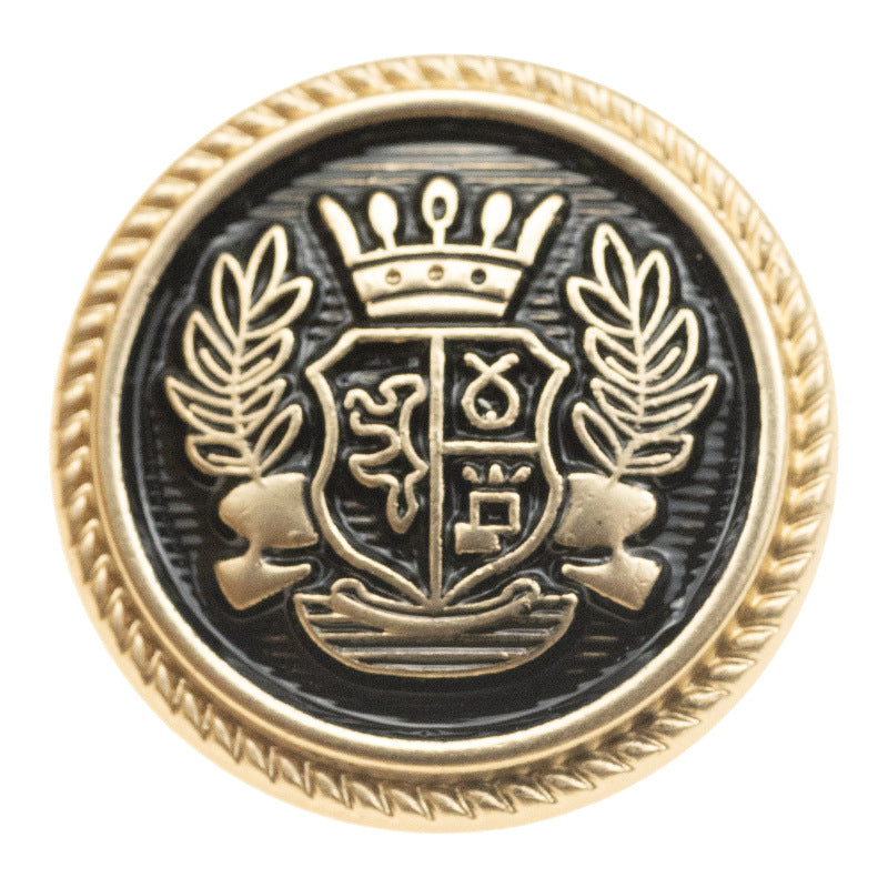 Black and gold-tone suit button with crown-and-wheat crest, metal rim and embossed details
