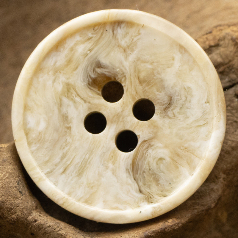 Beige marble-look resin button, 4-hole, vintage style.