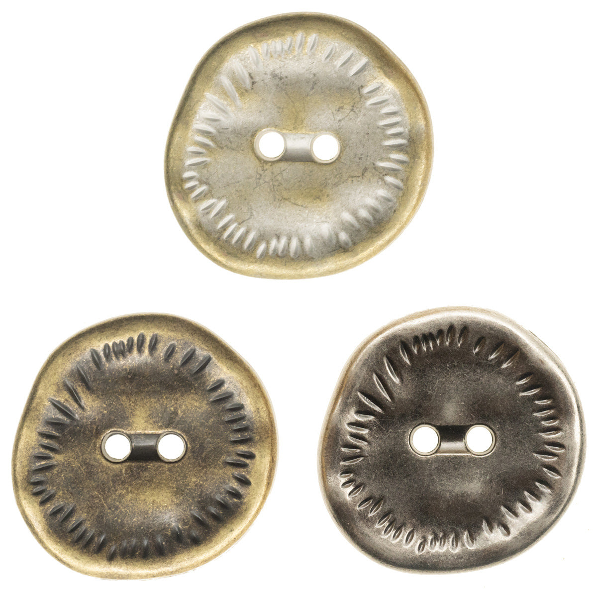 Antique zinc alloy metal button, irregular edge, 2-hole design in bronze finish