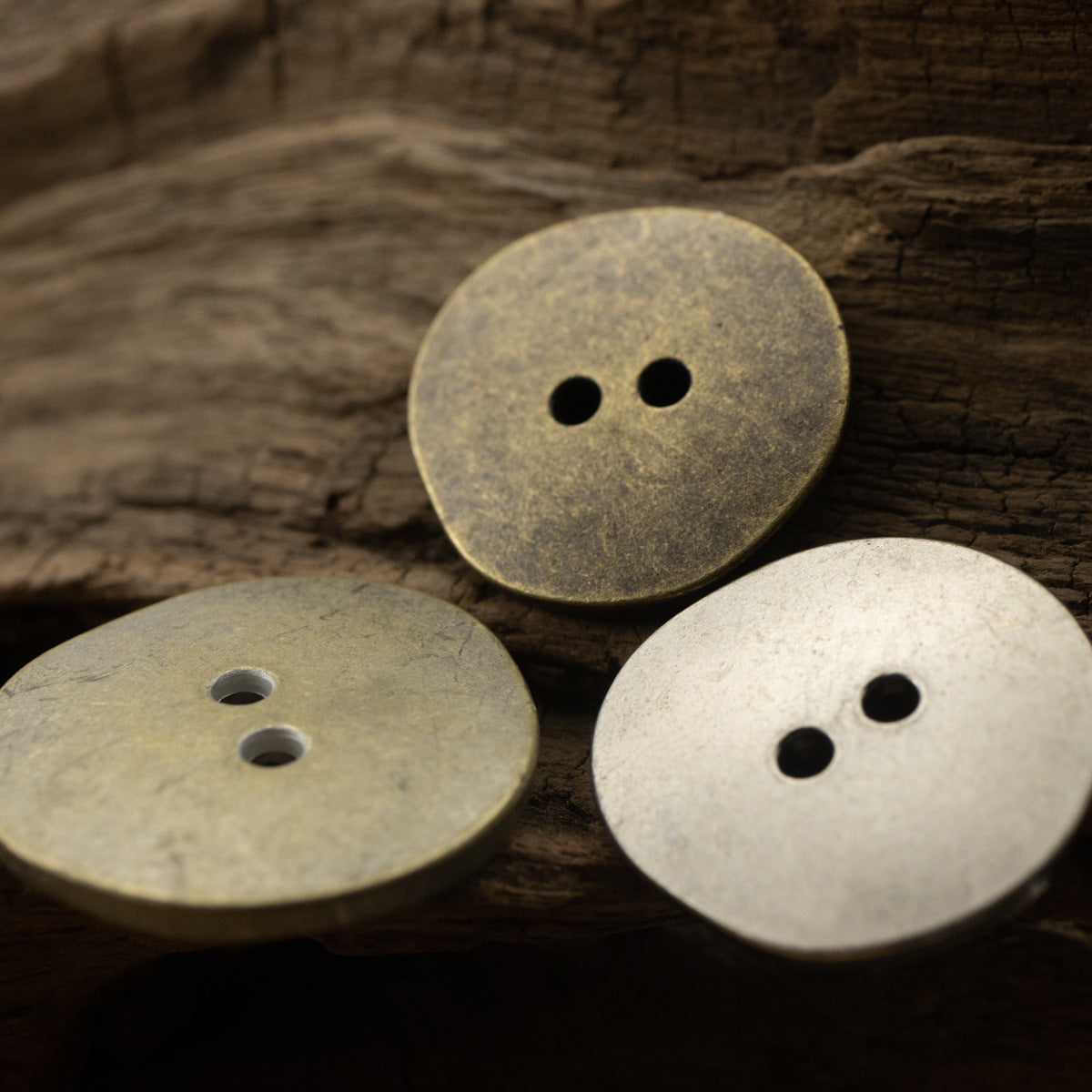 Antique zinc alloy buttons, irregular edge, 2-hole design in mixed dark and light finishes