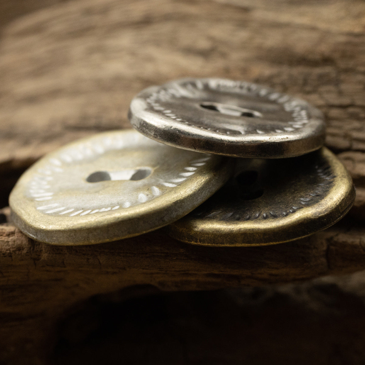 Stacked antique zinc alloy buttons, irregular edge, 2-hole design, mixed finishes