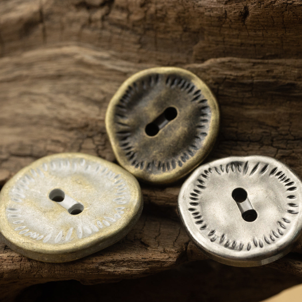 Antique zinc alloy buttons, irregular edge, 2-hole design in bronze, pewter, and silver finishes