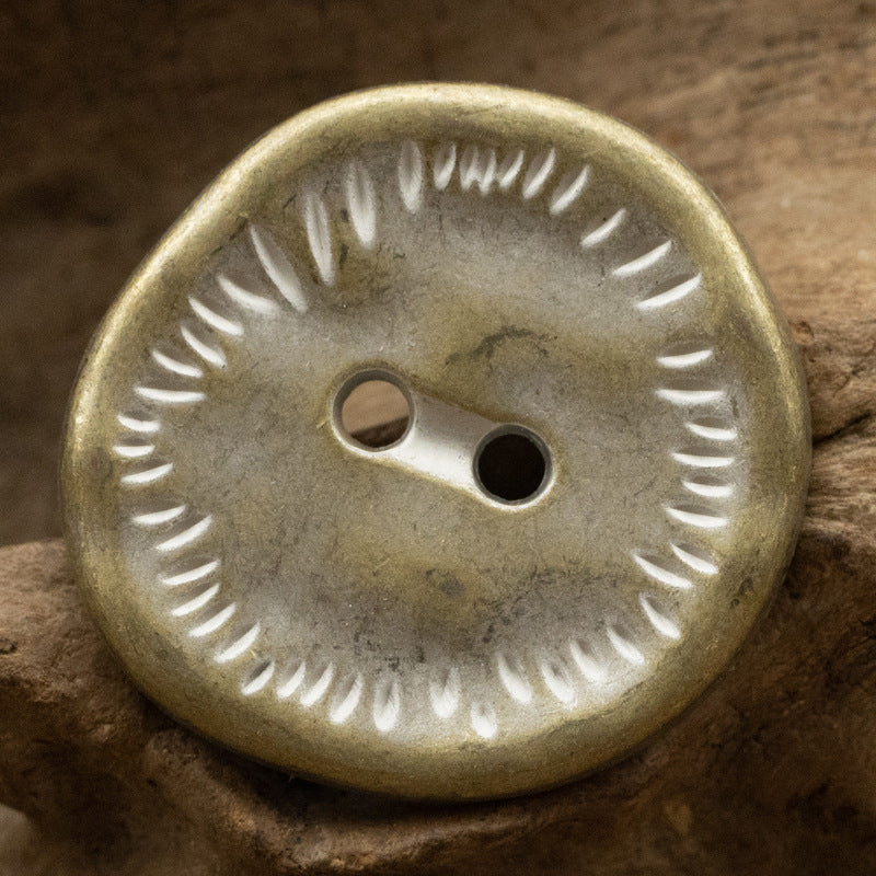 Antique zinc alloy metal button, irregular edge, 2-hole design in light pewter finish