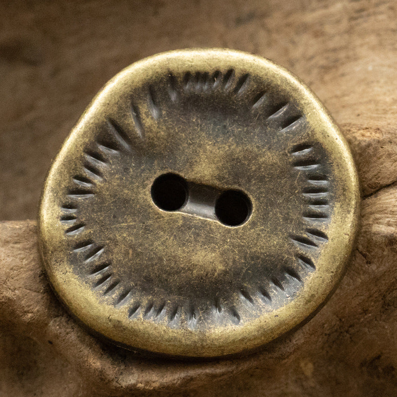Antique zinc alloy metal button, irregular edge, 2-hole design in antique bronze finish