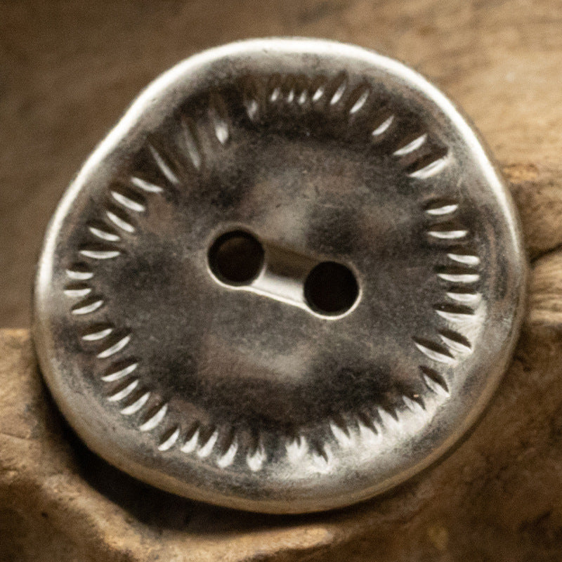 Antique zinc alloy metal button, irregular edge, 2-hole design in dark pewter finish
