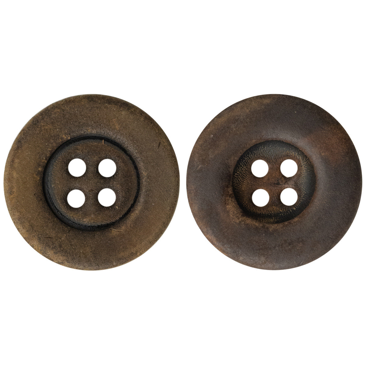 Antiqued burnt yellow real horn button, 4-hole front view with dark center