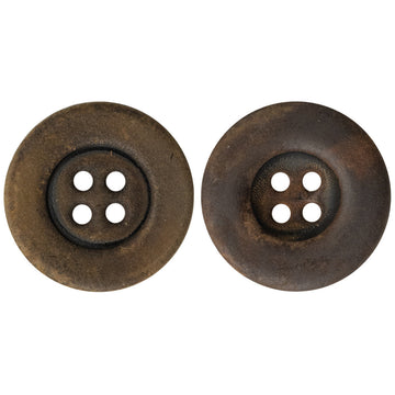 Antiqued burnt yellow real horn button, 4-hole front view with dark center