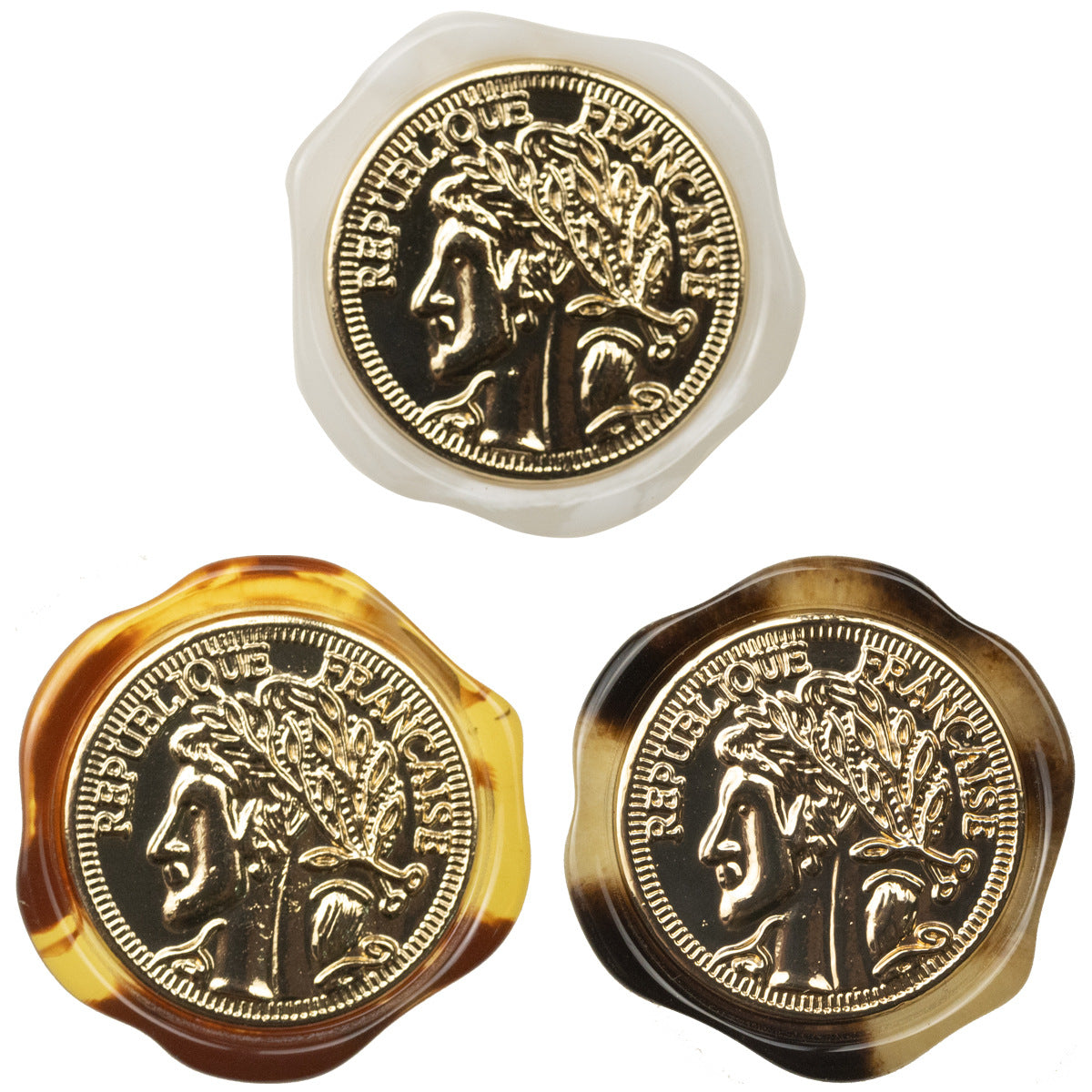 Irregular resin shank button, white, embossed portrait with gold-tone border