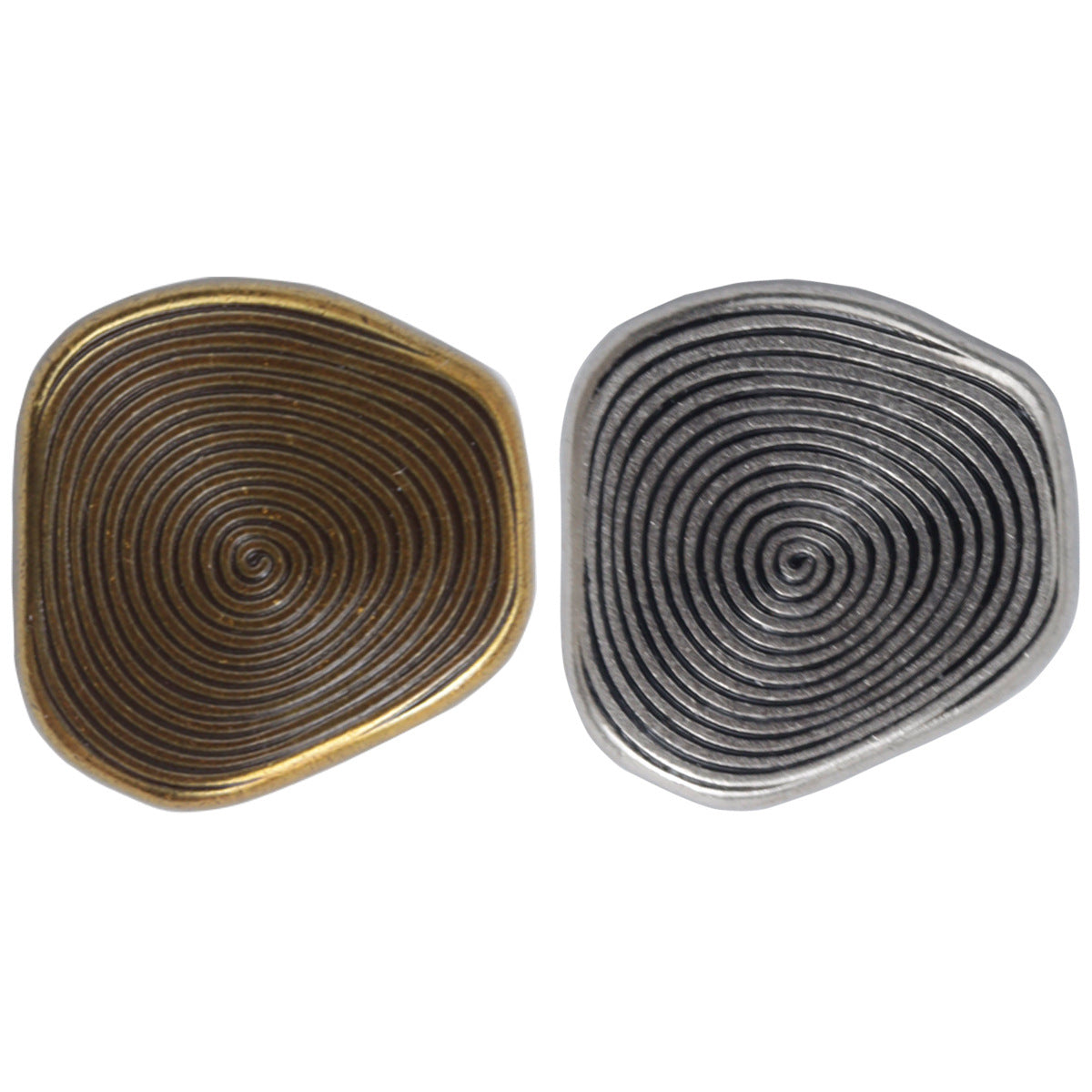 Vintage metal shank buttons pair: bronze and silver swirl design, oval tops