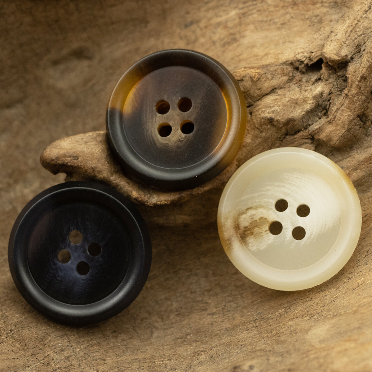 Set of double-sided resin flat buttons: dark blue, coffee, and beige 4-hole