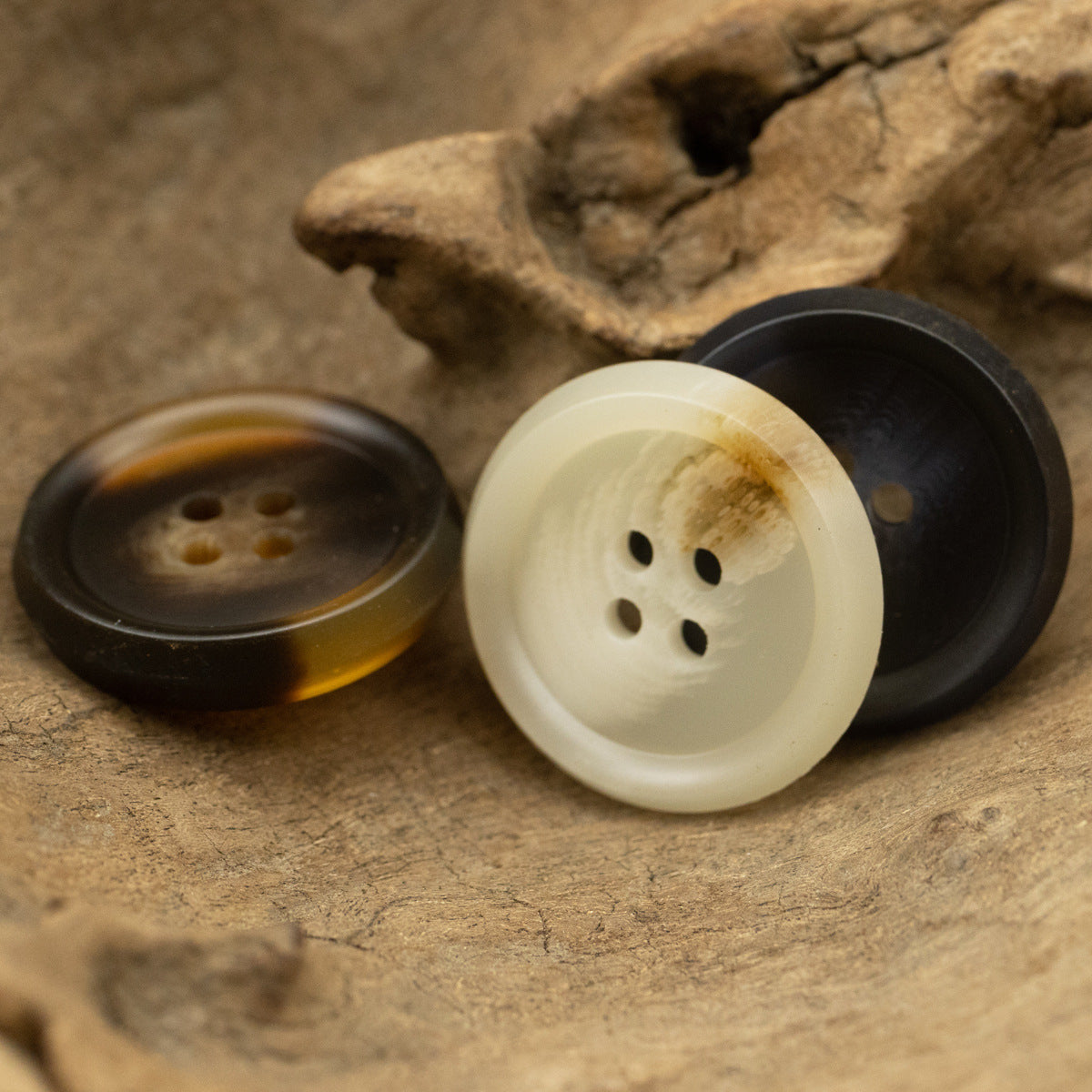 Beige, blue, and coffee double-sided resin flat buttons, 4-hole style