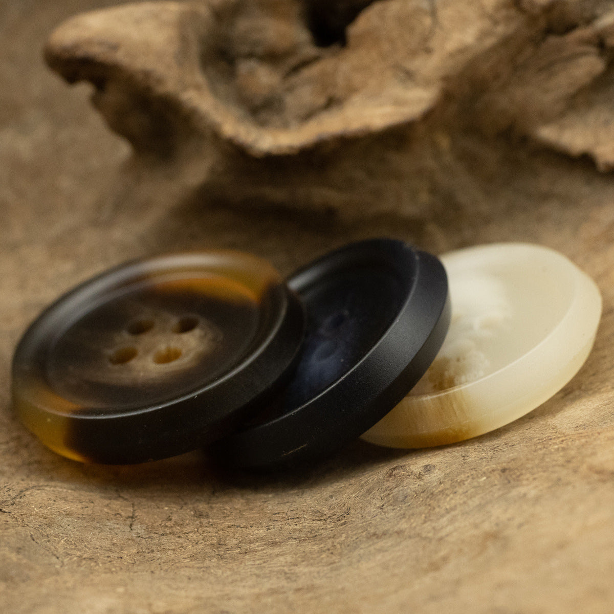 Coffee, dark blue, and beige resin flat buttons, 4-hole, double-sided