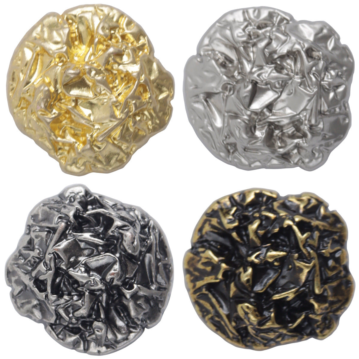 Irregular pleated metal buttons, mixed metallic colors: gold, silver, black nickel, bronze