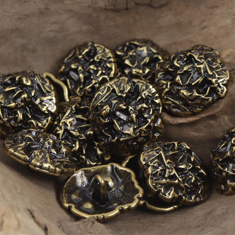 Irregular pleated metal buttons, antique bronze tone, metal shanks on the backs