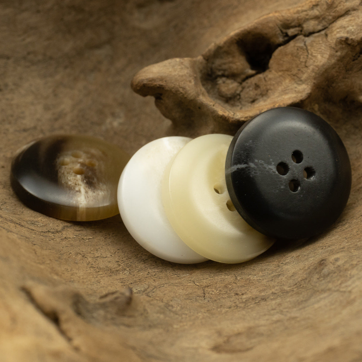 Runde Resin-Knöpfe wie Horn in Beige und Schwarz, jeweils mit 4 Löchern