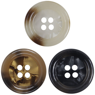 Round 4-hole imitation shell buttons, amber-brown, white, and dark finishes (3 shown)