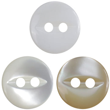 Natural fish-eye shell button, two-hole, white, round, glossy finish
