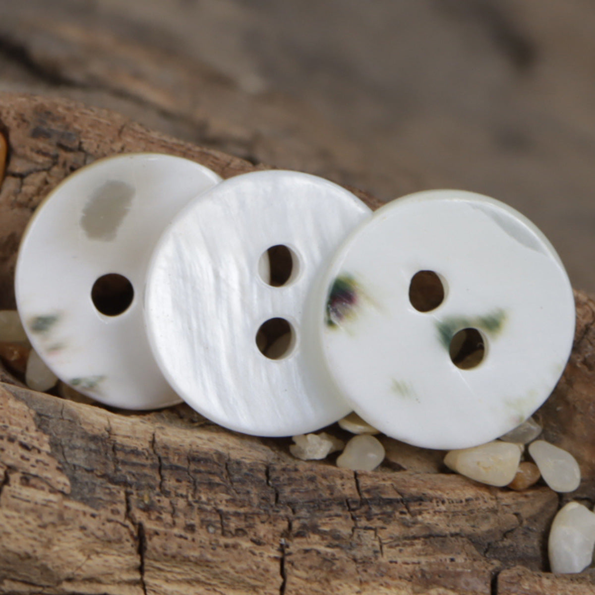 Round two-hole shell buttons, mix of white and beige tones