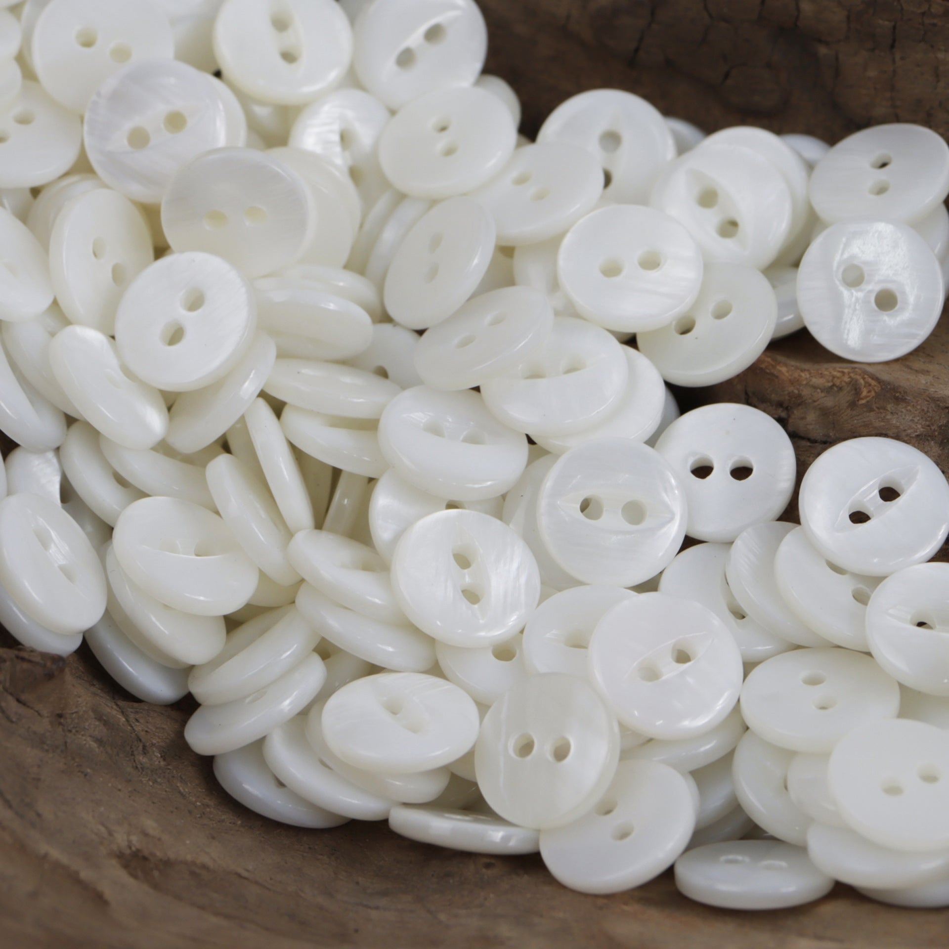 White two-hole fish-eye shell buttons, glossy round, two center holes