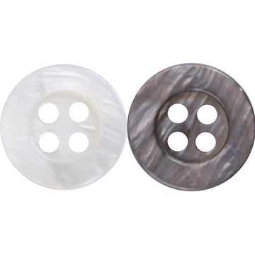 White & smoky gray pearl shell buttons, four-hole design, close-up (pair)