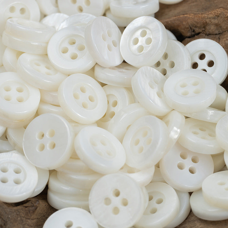 White pearl shell buttons, round 4-hole set, pile of multiple pieces
