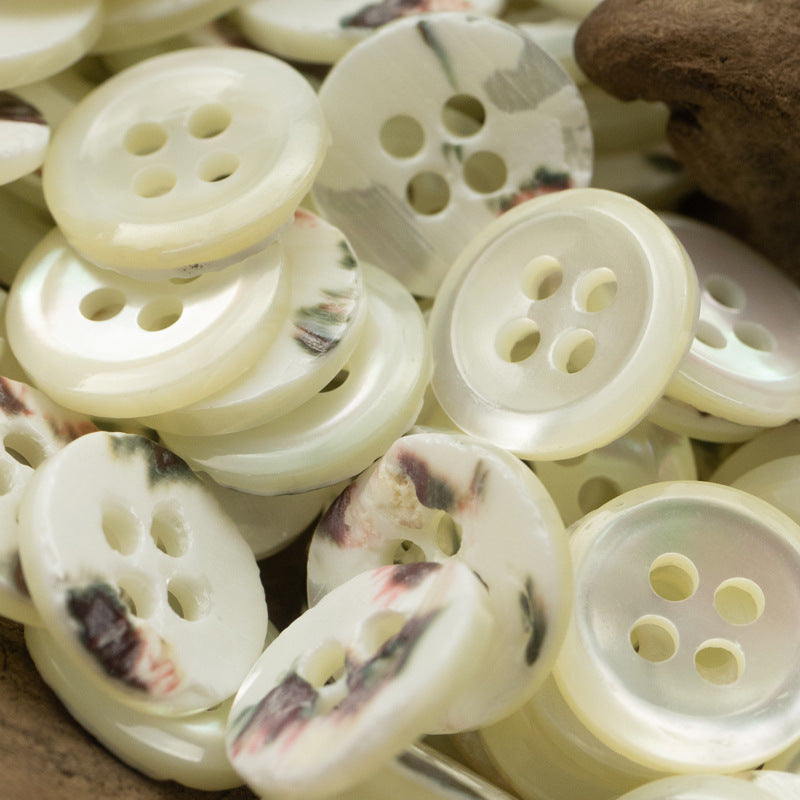 Beige natural shell buttons, four-hole, floral ink pattern, 5pcs