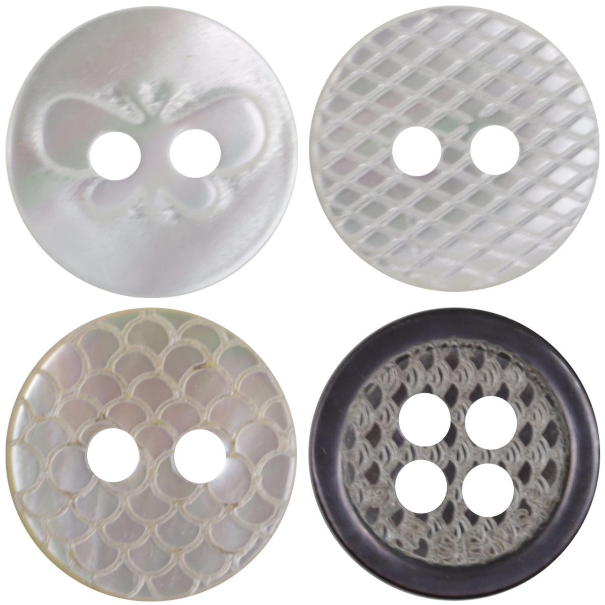 Round off-white fish-scale glitter shell buttons, 2-hole, round face detail (10pcs)