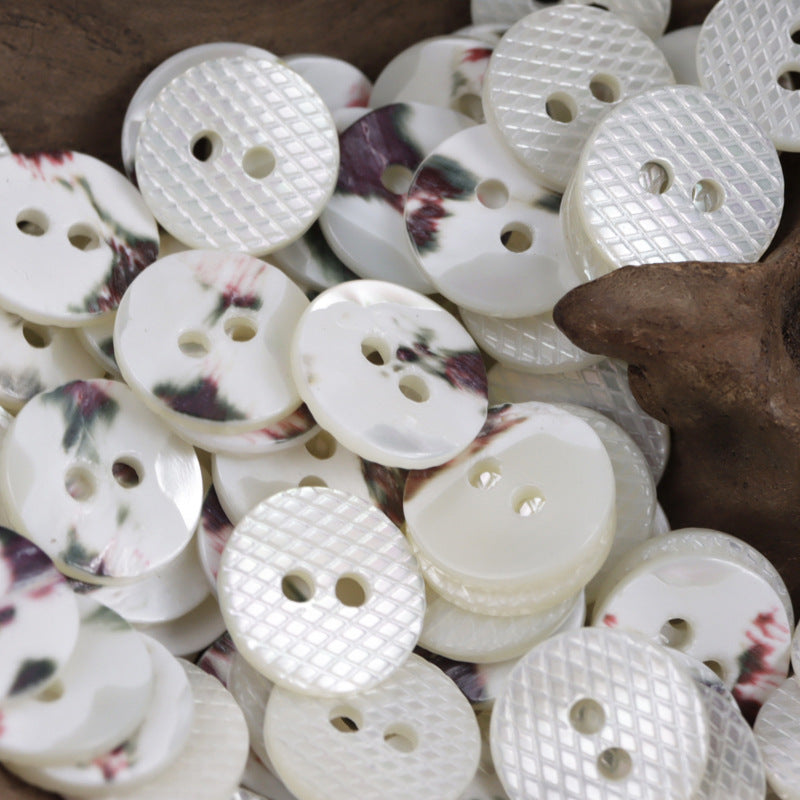 Round white shell buttons with fish-scale glitter and textured raised pattern, 2 holes