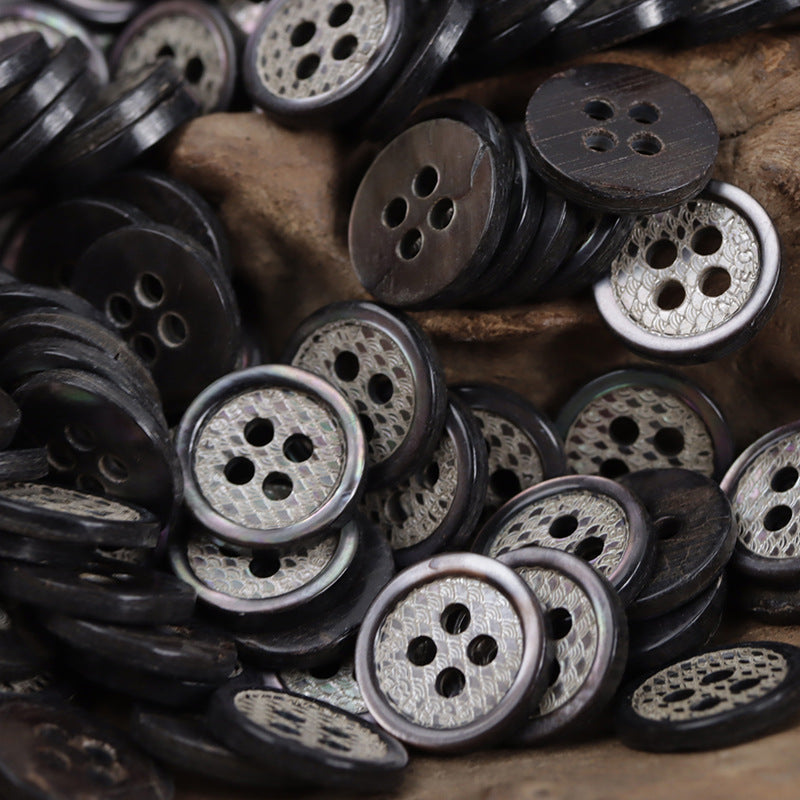 Dark round shell buttons with fish-scale glitter texture, 4-hole and 2-hole faces
