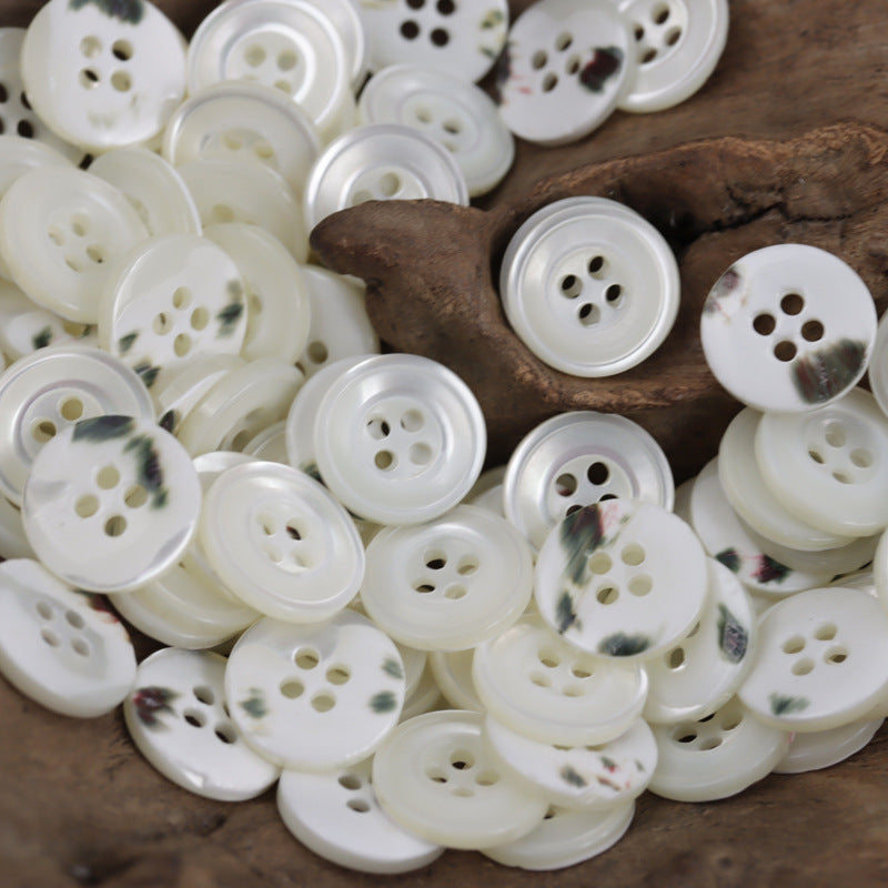 Ivory round shell buttons with 4 holes, marble-like speckles, 10 pcs