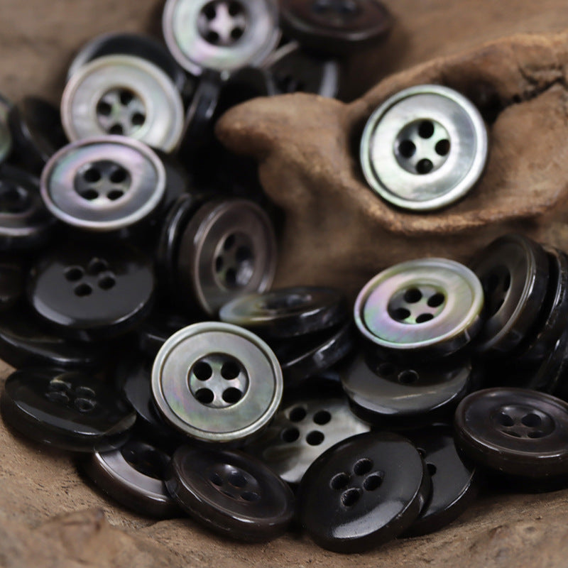 Dark round 4-hole shell buttons, glossy iridescent edges, 10 pcs