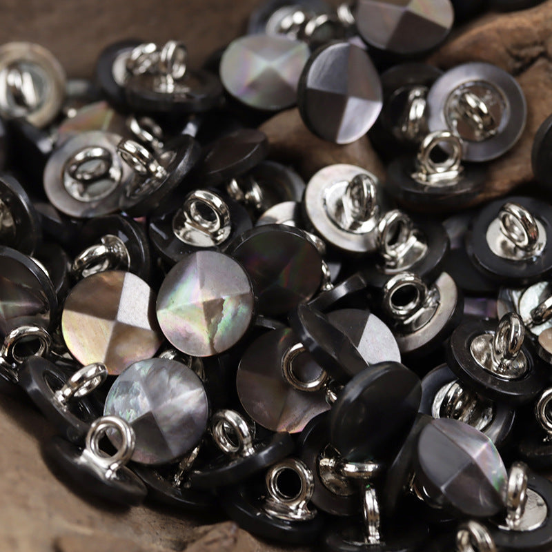 Shinny black 10mm shell buttons with metal shanks, round face, 10-pack