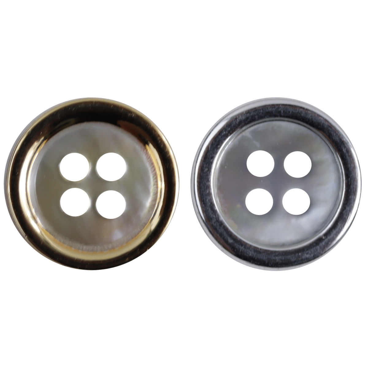 Natural shell button pair: gold-edged brown shell and silver-edged dark shell, 4 holes
