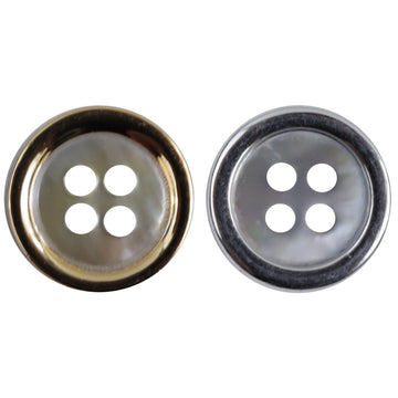 Natural shell button pair: gold-edged brown shell and silver-edged dark shell, 4 holes