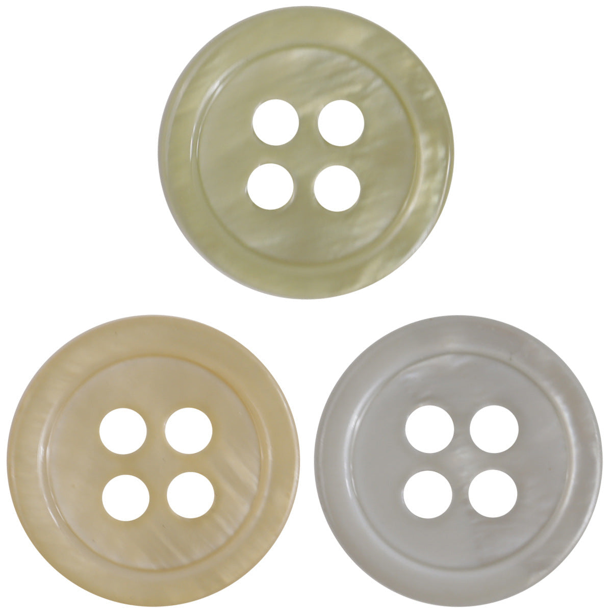 15mm buttons, 4-hole, natural shell-look—khaki green and light gray set of three
