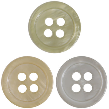 15mm buttons, 4-hole, natural shell-look—khaki green and light gray set of three