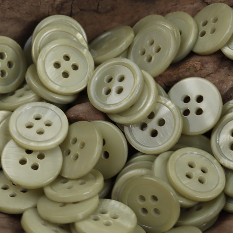 15mm natural shell-look buttons, 4-hole, sage/khaki green—assorted pile