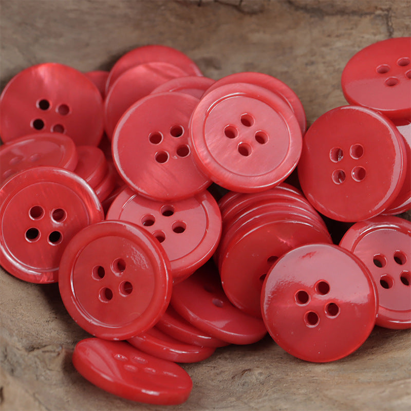 Round shell buttons, bright red, glossy 4-hole center for sewing and DIY crafts (10)