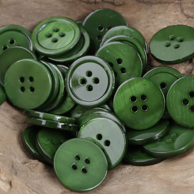 Round shell buttons, green tones, 4-hole front for sewing and craft DIY (10 pack)