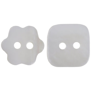 2-hole pearl shell buttons: flower & square, white, for toddler shirt dress